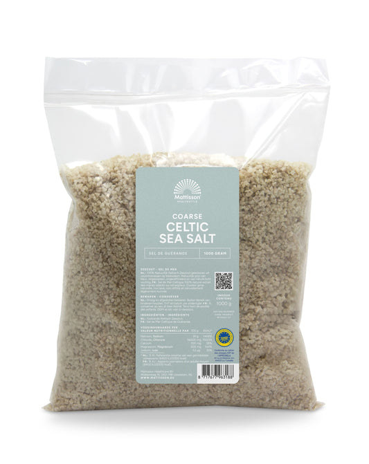 Mattisson Celtic sea salt in a 1kg bag, coarse sea salt for cooking and seasoning, natural and unrefined.