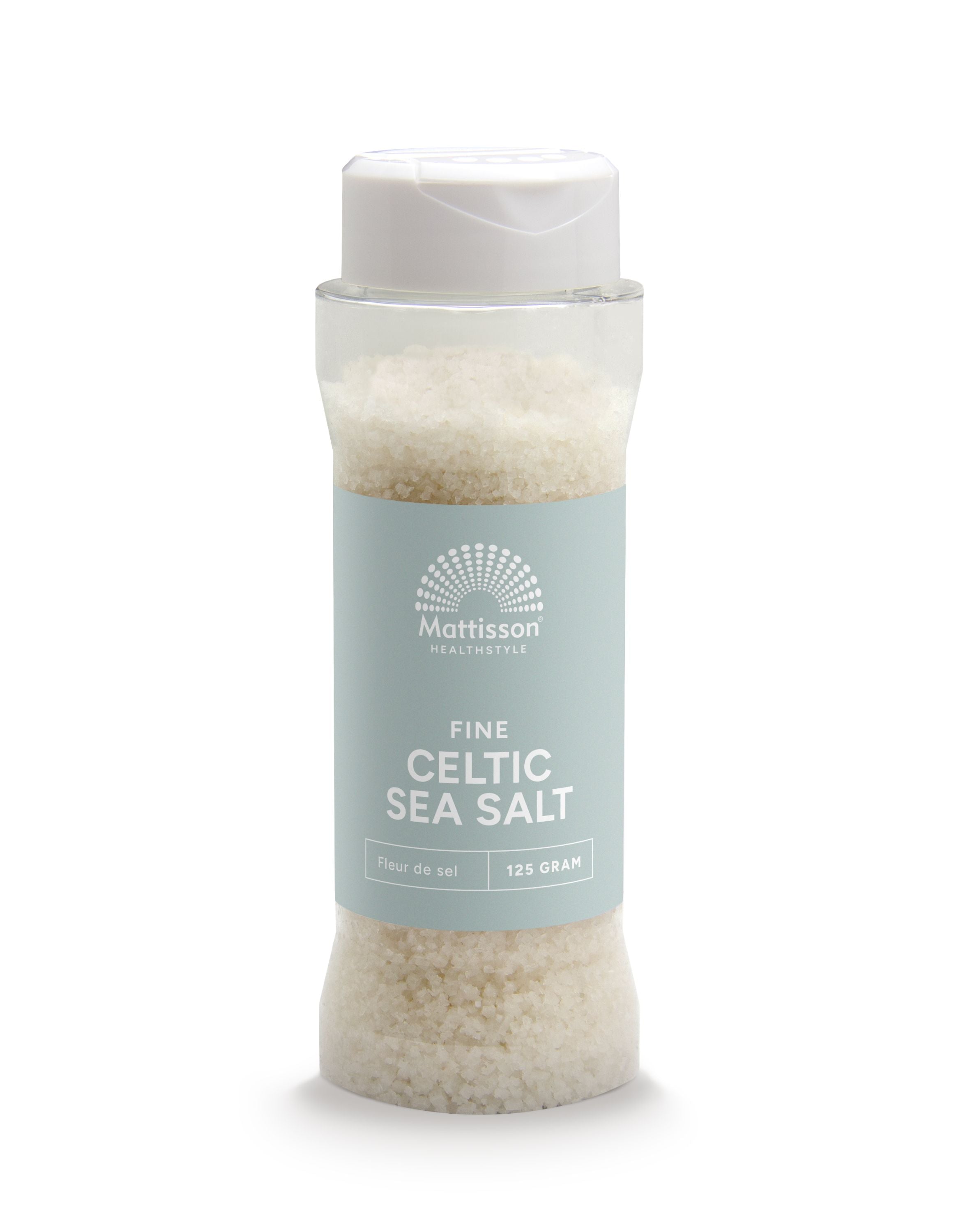 Mattisson Celtic sea salt fleur de sel in 125g jar, natural culinary salt for seasoning and finishing dishes.
