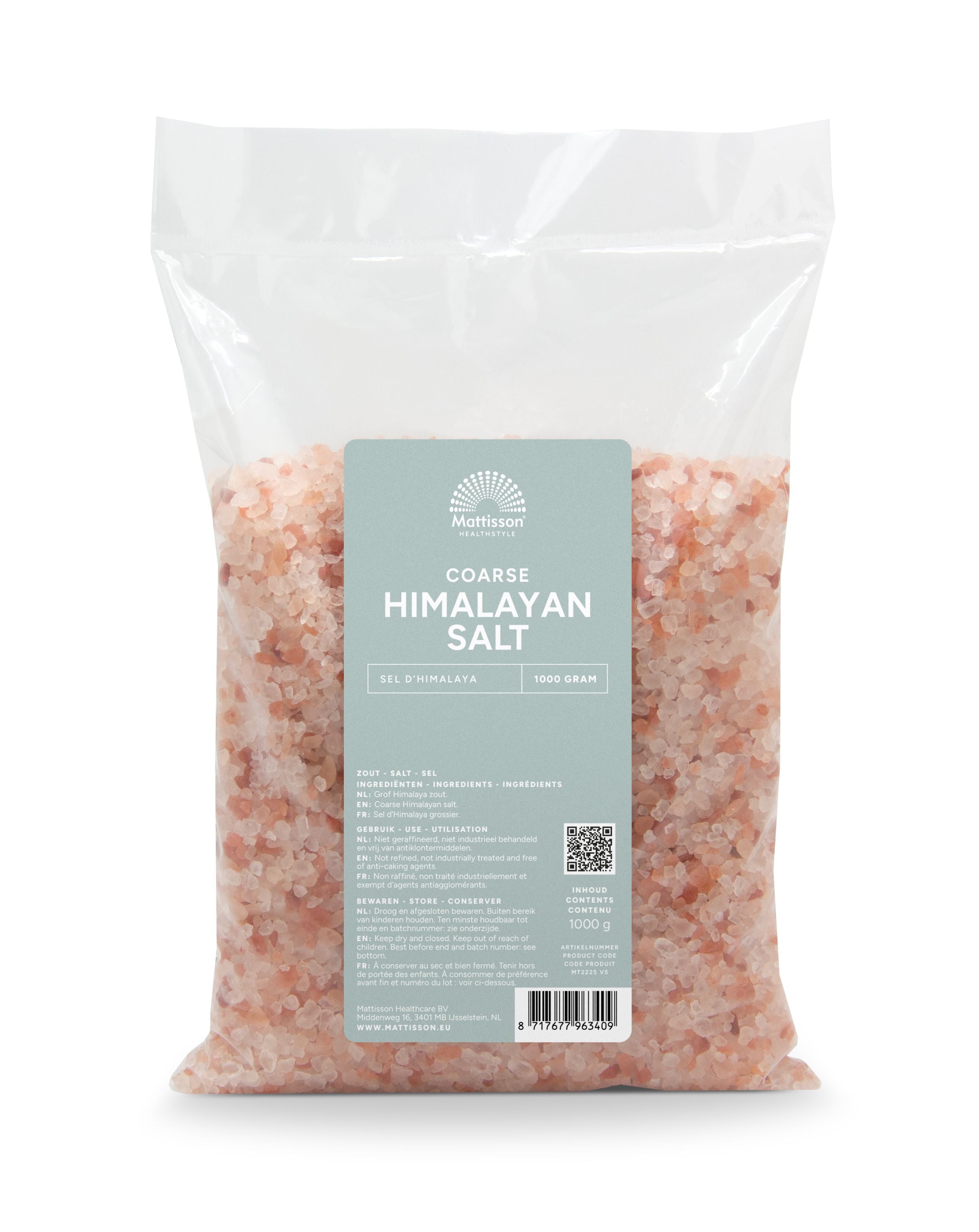 Mattisson Himalaya coarse kitchen salt in a 1kg refill bag, used for seasoning and cooking in the kitchen.