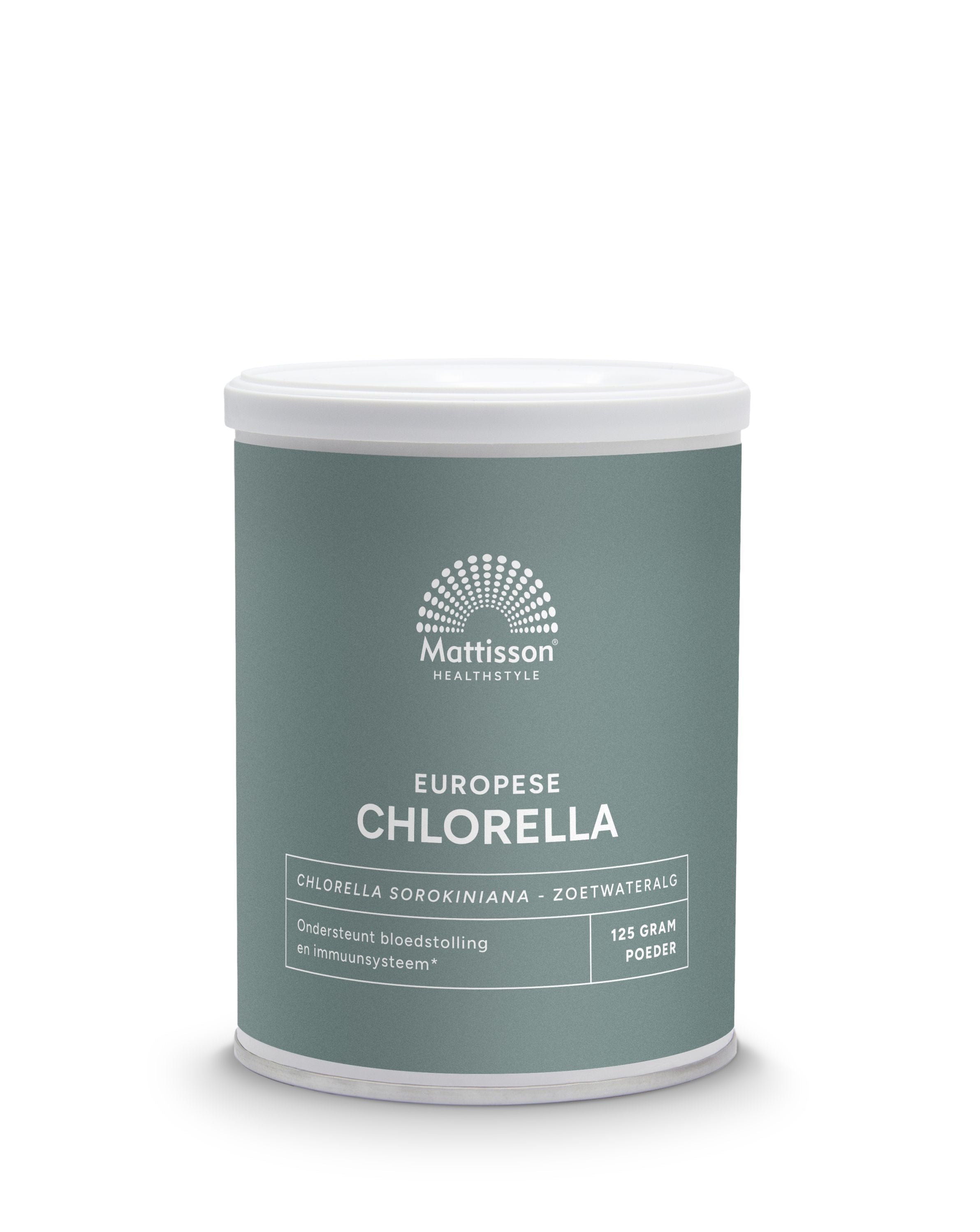 Mattisson Chlorella powder in a 125g package, natural green supplement for detox and nutrition, from European herbal preparations.