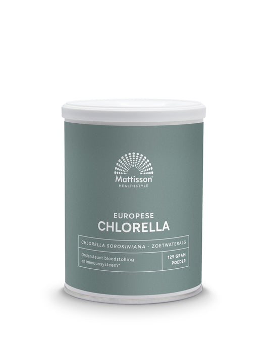 Mattisson Chlorella powder in a 125g package, natural green supplement for detox and nutrition, from European herbal preparations.