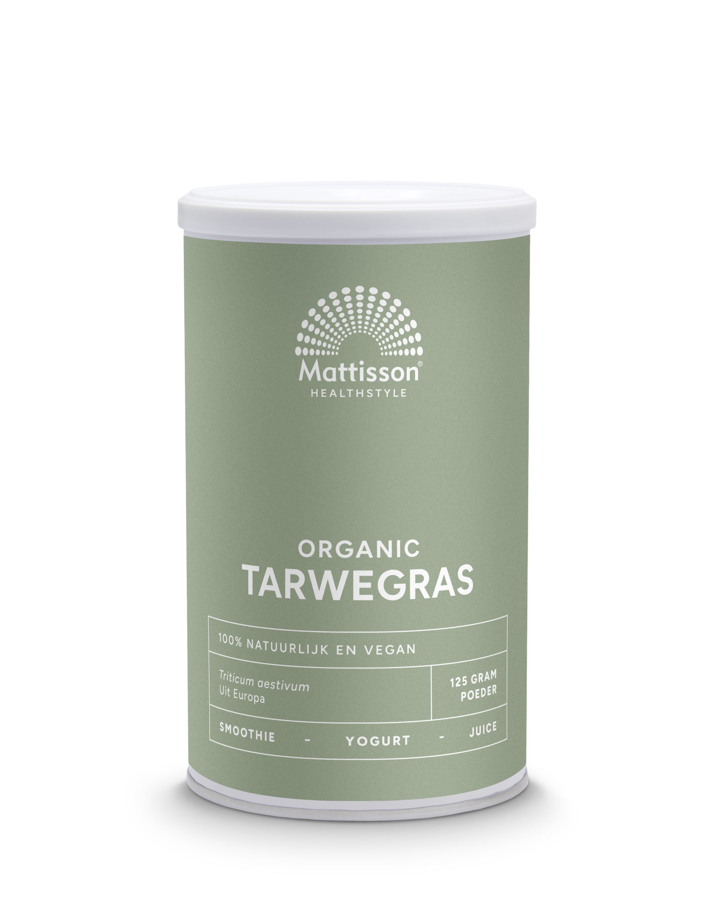 Organic wheatgrass powder in a jar from Mattisson, showcasing fresh green wheatgrass in a natural herbal supplement container.