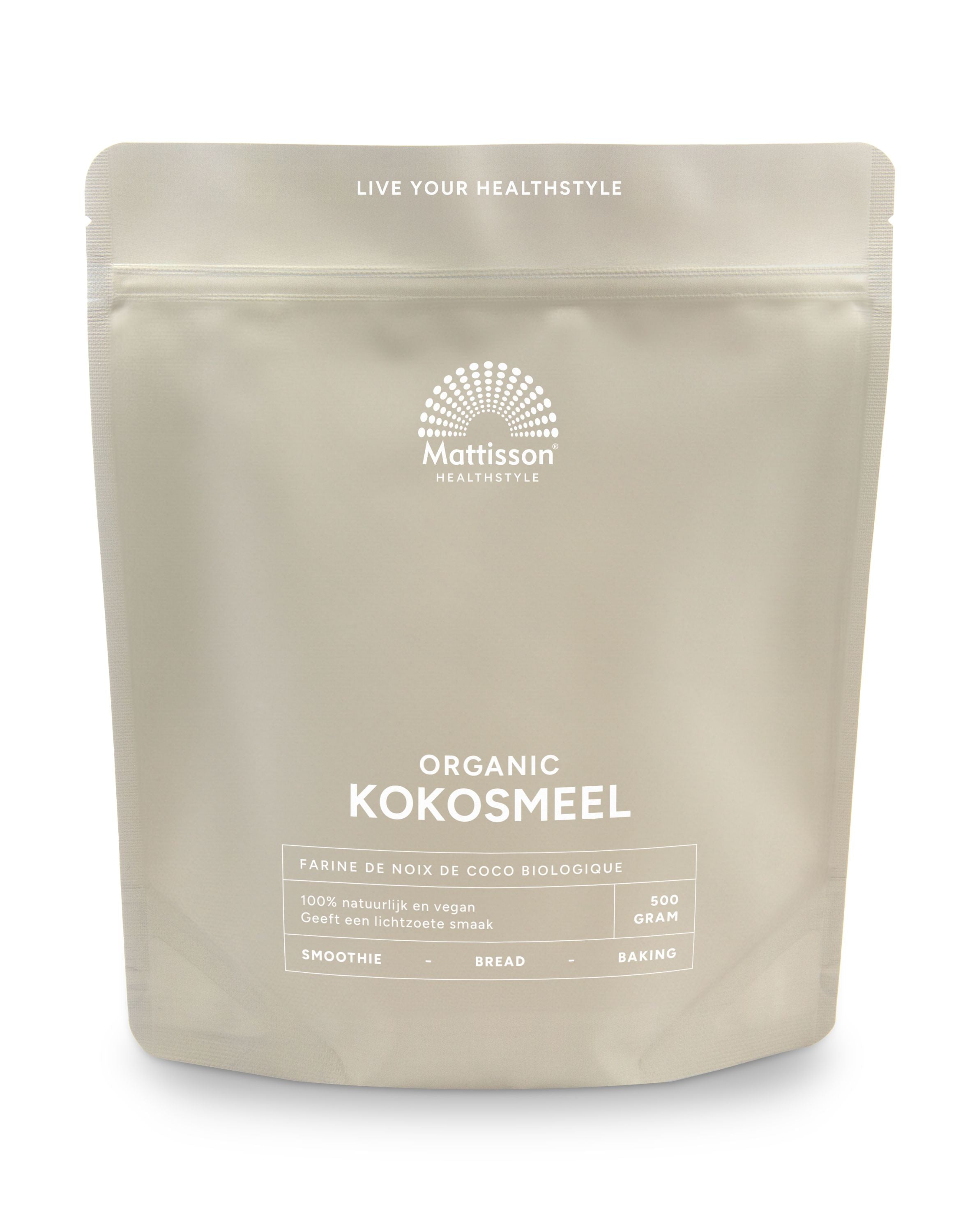 Organic Mattisson Kokosmeel (coconut flour) in 500g package, showing the bag with product label and branding.