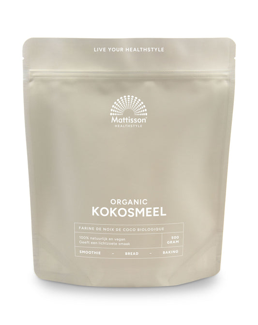 Organic Mattisson Kokosmeel (coconut flour) in 500g package, showing the bag with product label and branding.