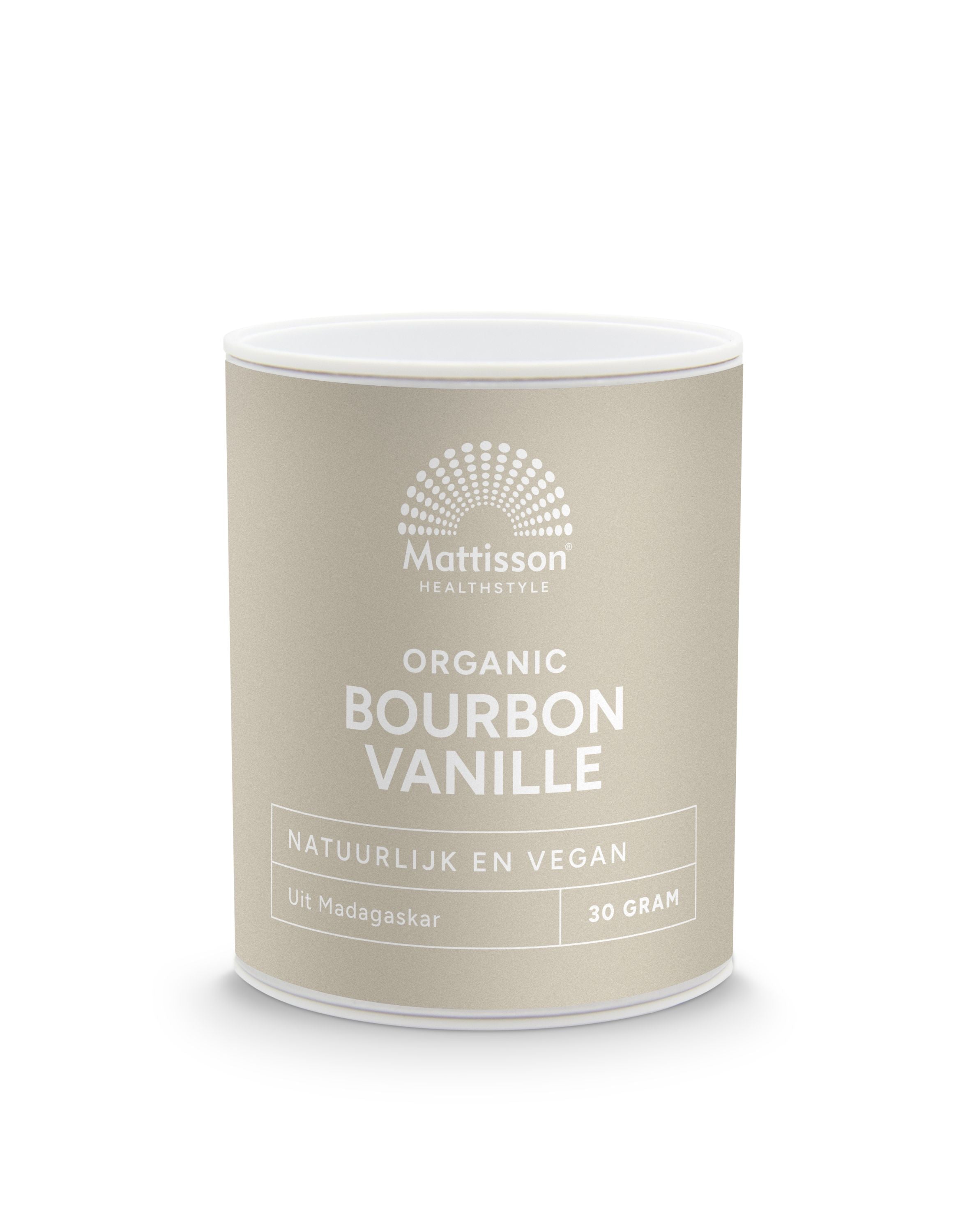 Organic Mattisson Bourbon vanilla powder in a 30g jar, used as a flavoring for sauces and cooking ingredients.