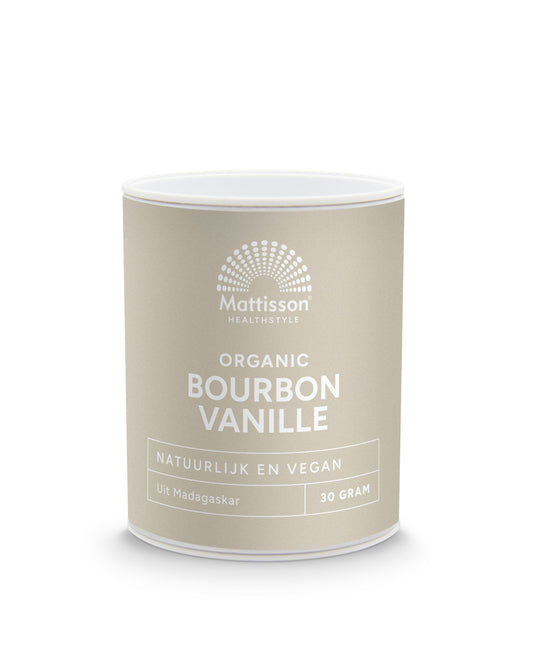 Organic Mattisson Bourbon vanilla powder in a 30g jar, used as a flavoring for sauces and cooking ingredients.