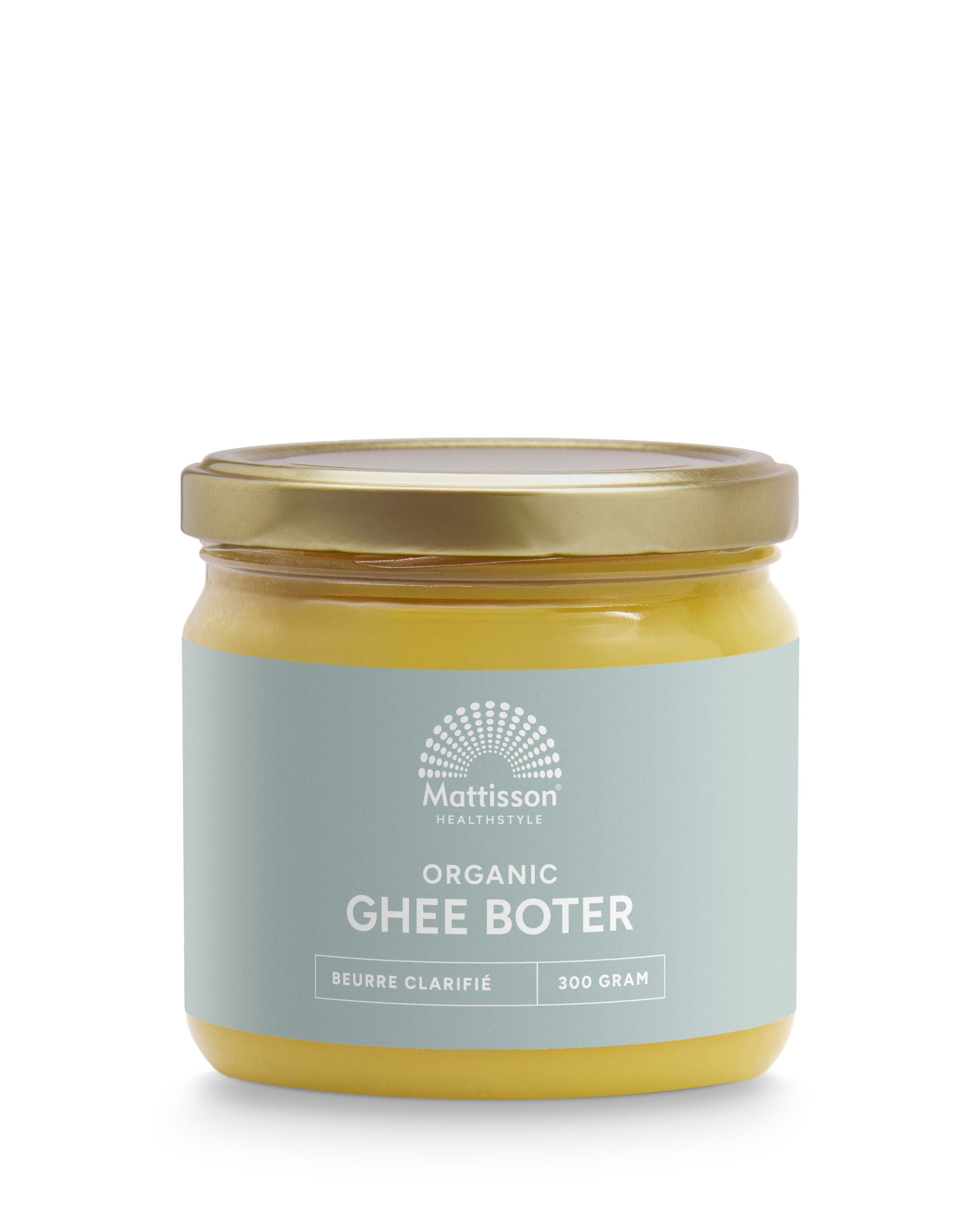 Glass jar of Mattisson organic ghee clarified butter, 300g, in a clear container showing golden ghee inside.