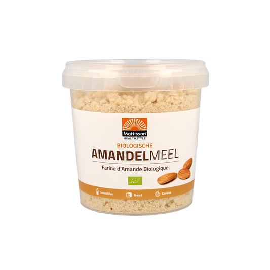 Organic almond flour from Mattisson, 300g, in a resealable bag, fine ground almond baking mix for gluten-free recipes.