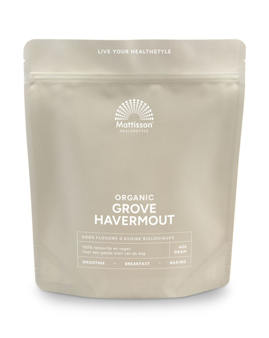 Mattisson Havermout grof bio breakfast cereal in 400g package, showing textured rolled oats in a transparent bag.