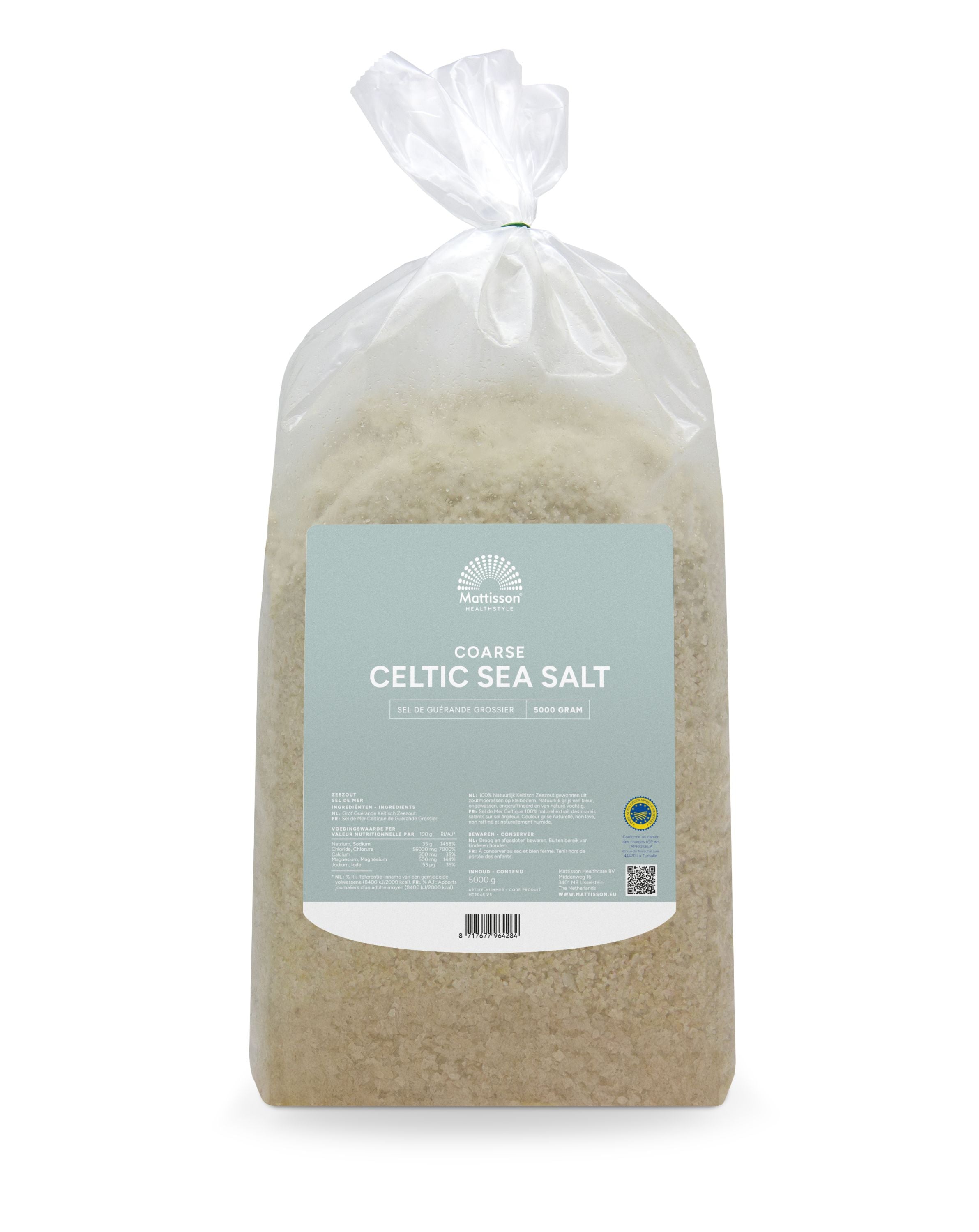 Mattisson Celtic sea salt, coarse grain, 5kg bag, natural kitchen seasoning for cooking and food preparation.