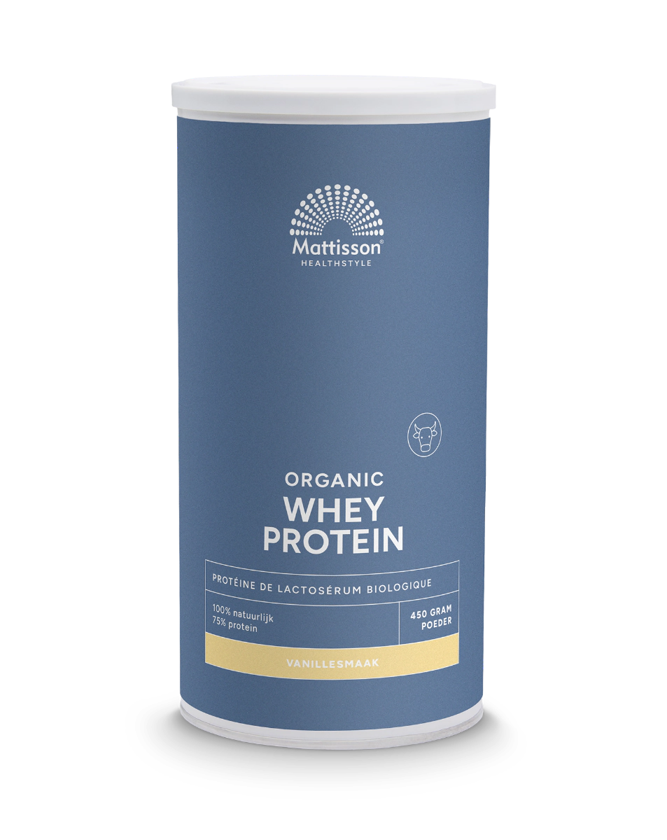 Mattisson Wei proteïne vanille sportvoeding in 450g bio package, showing vanilla-flavored protein powder container.