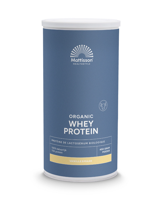 Mattisson Wei proteïne vanille sportvoeding in 450g bio package, showing vanilla-flavored protein powder container.
