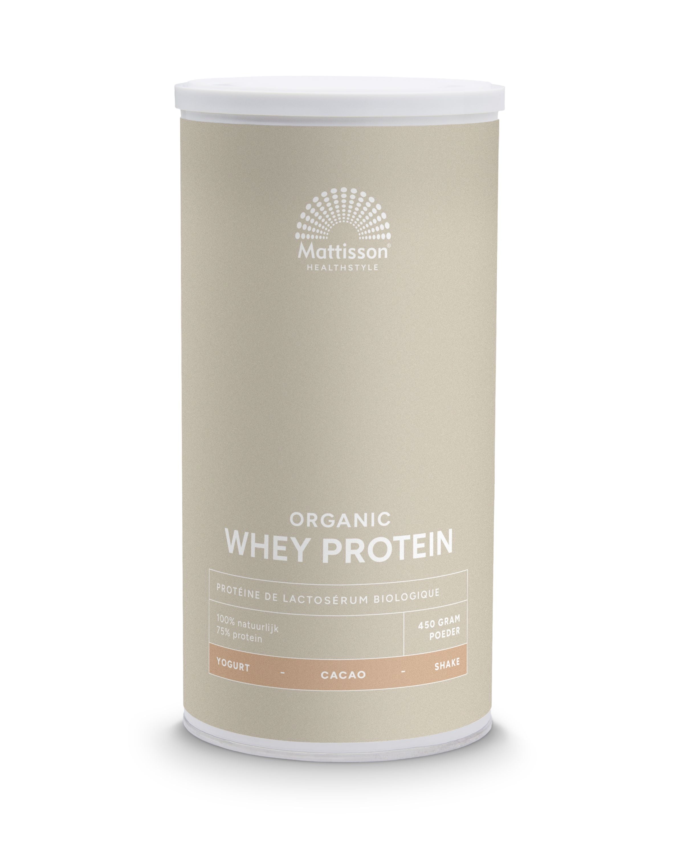 Mattisson Wei whey protein cacao 75% bio in 450g package, sports nutrition supplement with chocolate flavor.