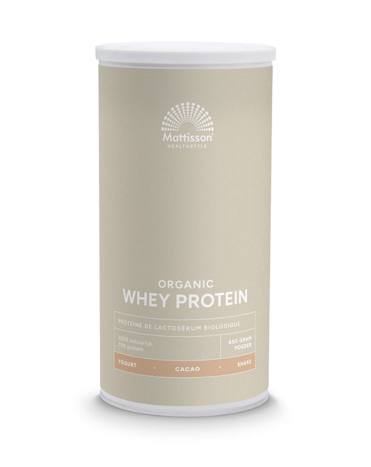 Mattisson Wei whey protein cacao 75% bio in 450g package, sports nutrition supplement with chocolate flavor.