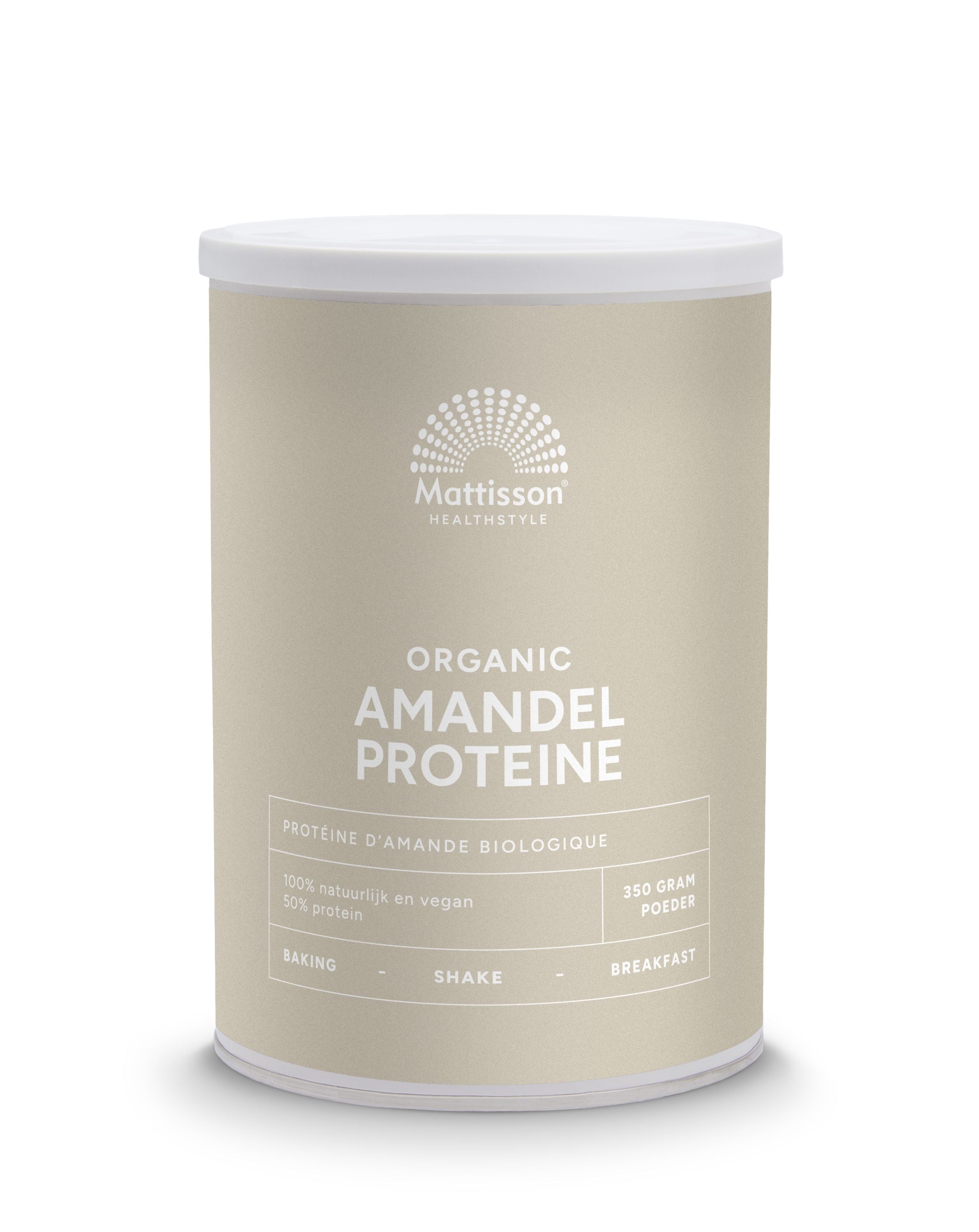 Mattisson vegan almond protein powder 50% in 350g bio packaging, sports nutrition supplement with almond and plant-based ingredients.