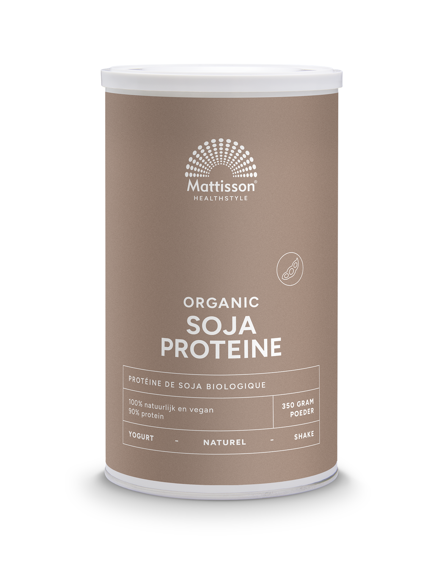 Vegan soy protein 90% bio by Mattisson, 350g package, ideal as a plant-based meal replacer or protein supplement.