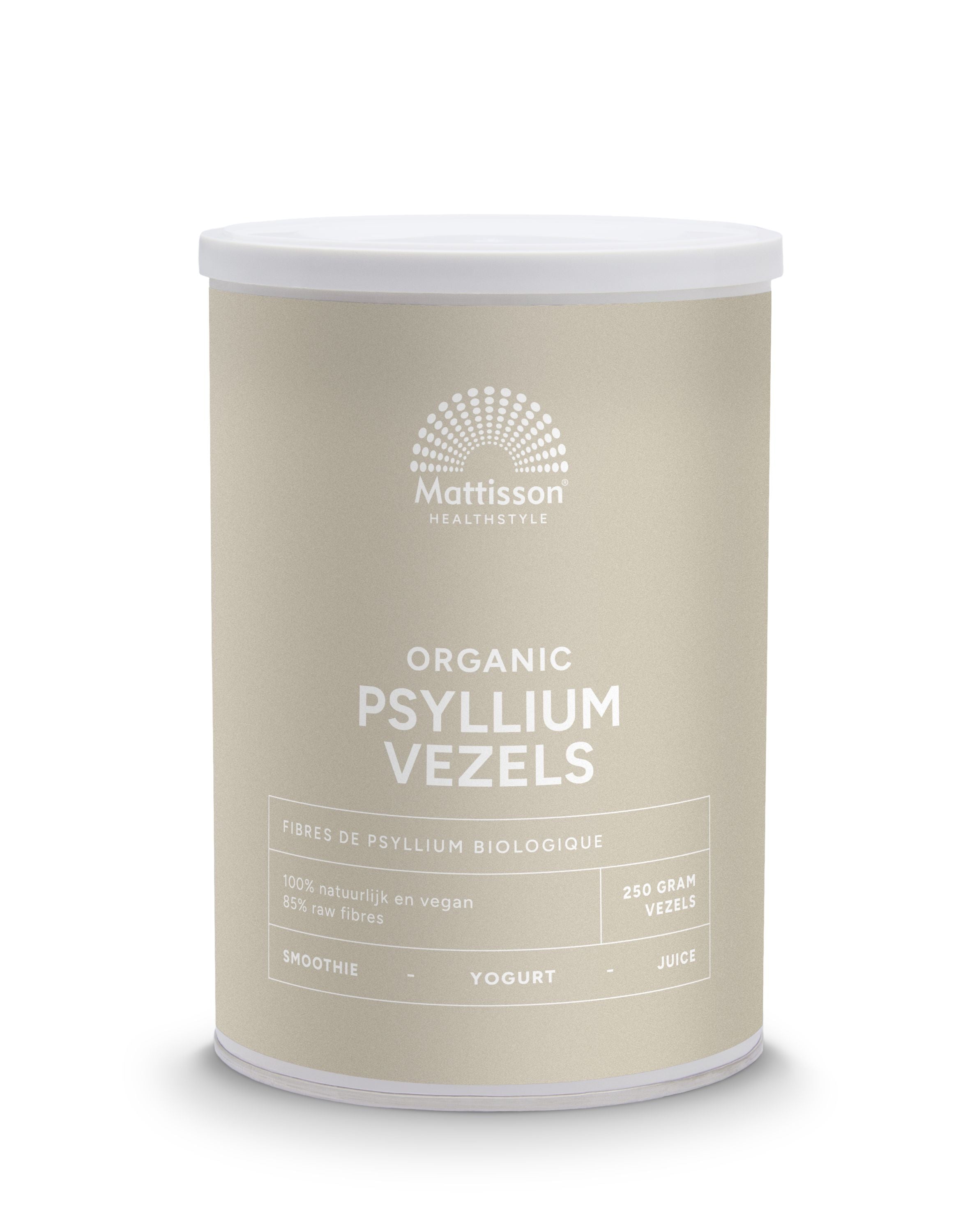 Organic Mattisson Psyllium fibers raw superfood in 250g package, close-up of the textured natural fiber product.