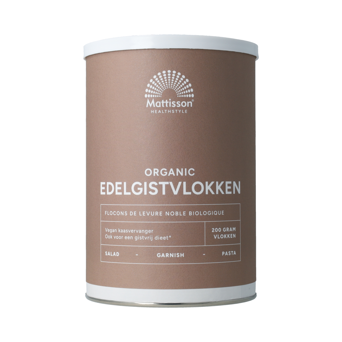 Organic Mattisson Edelgistvlokken, 200g, in a natural baking mix, showing golden flaxseed flakes in a resealable bag.