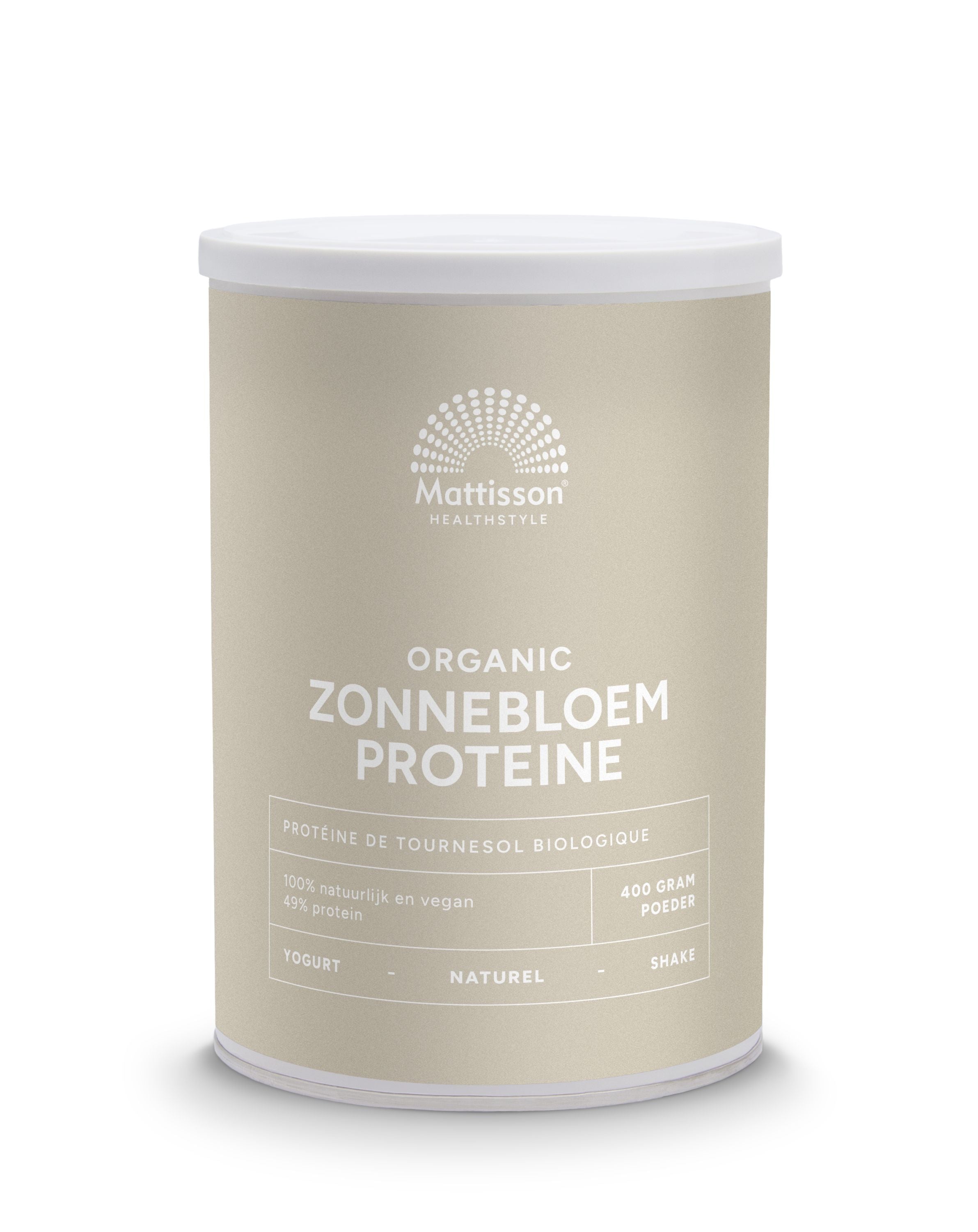 Mattisson Vegan Zonnebloem Proteïne 45% bio aminozuren, 400g jar with sunflower seeds and label on white background.