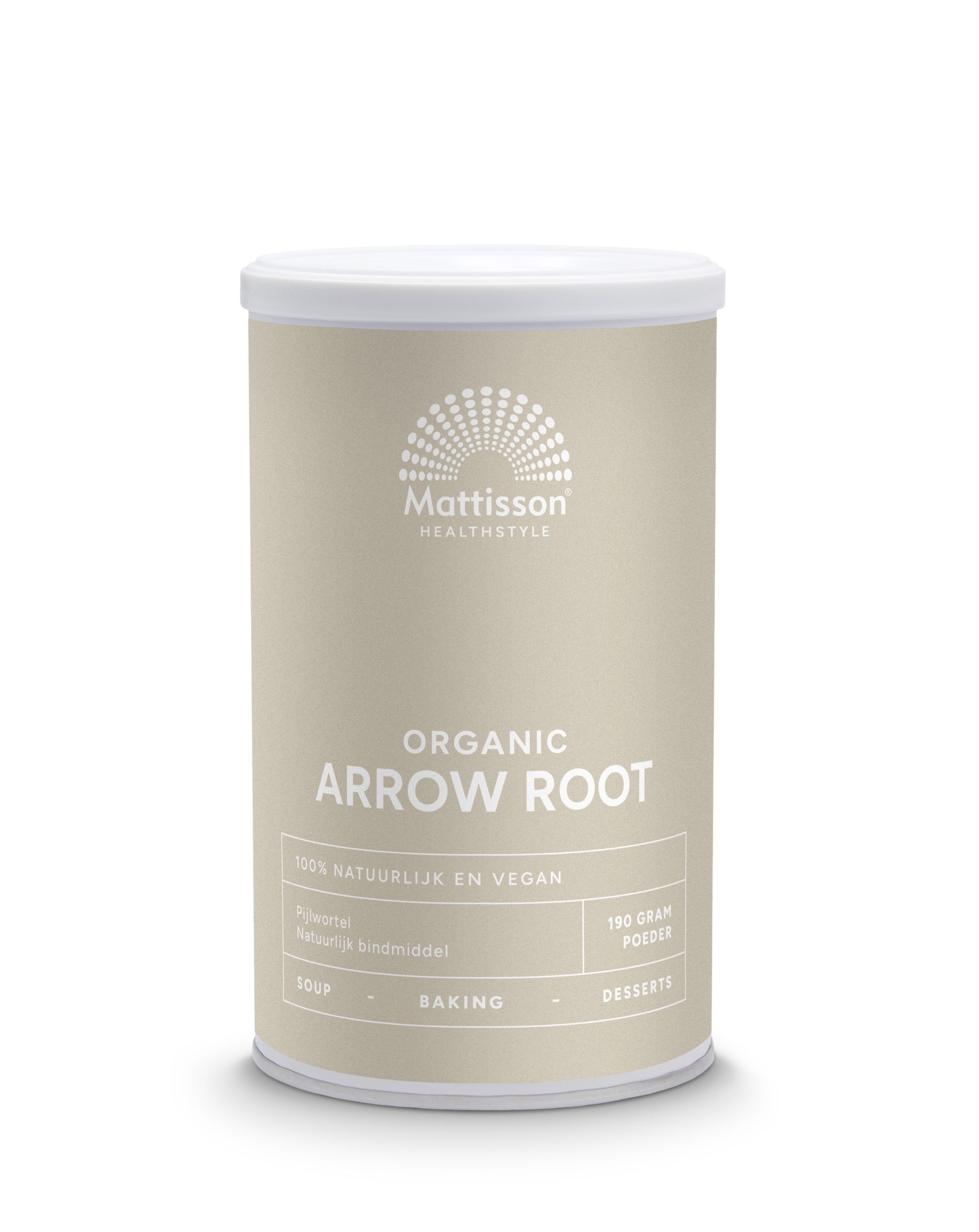 Organic Mattisson arrowroot powder in a 190g bag, used as a natural baking mix or gluten-free flour alternative.