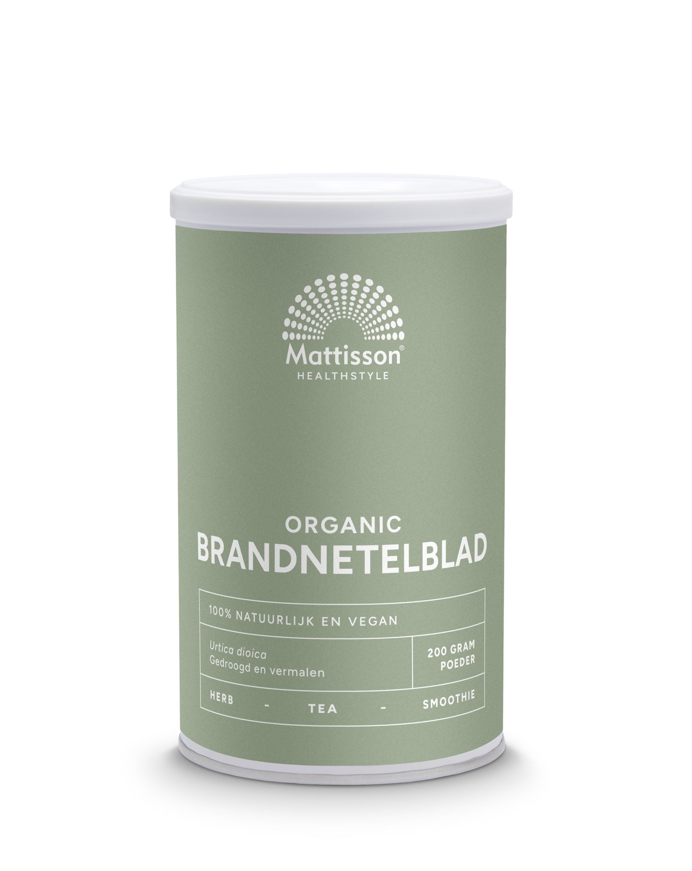 Raw organic nettle leaf powder by Mattisson Absolute, 200g in a clear package, highlighting the herbal powder's texture and natural form.
