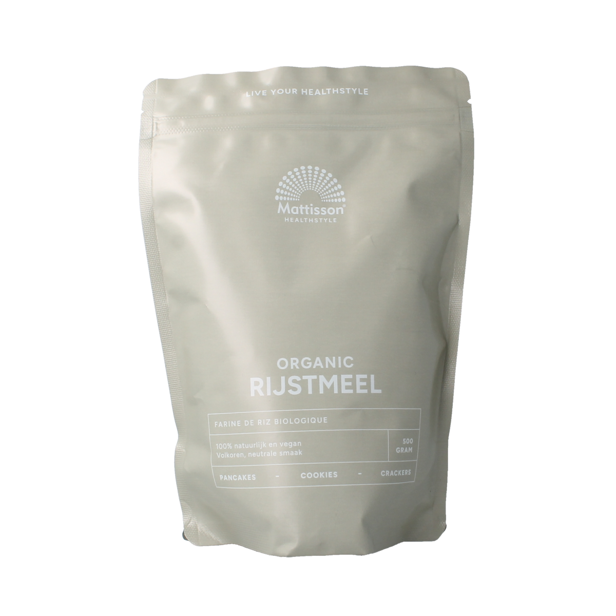Organic Mattisson rice flour in a 500g bag, ideal for baking and cooking, part of the Bakmixen en Melen product range.