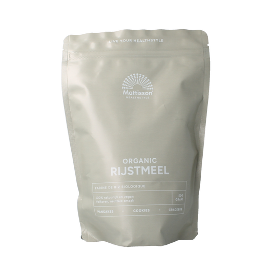 Organic Mattisson rice flour in a 500g bag, ideal for baking and cooking, part of the Bakmixen en Melen product range.