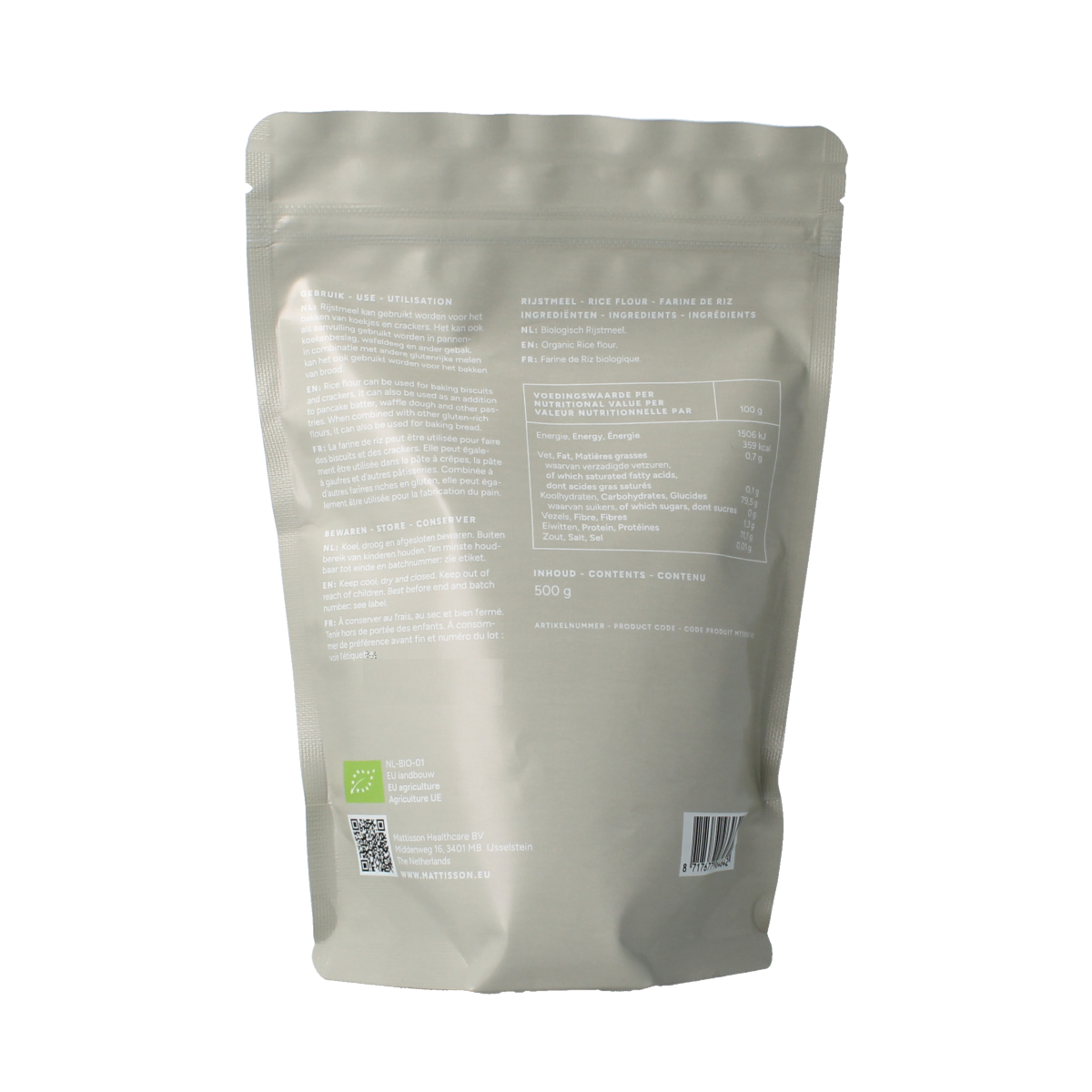 Organic Mattisson rice flour 500g in a resealable bag, suitable for baking and gluten-free recipes.