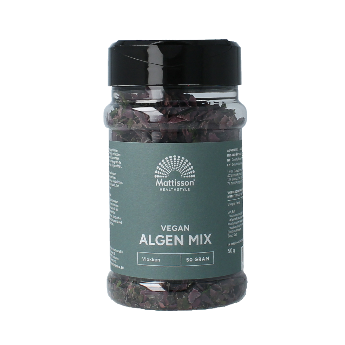 Mattisson Absolute algen mix 50g with fresh potatoes, vegetables, and fruit, showcasing the product's natural ingredients and packaging.