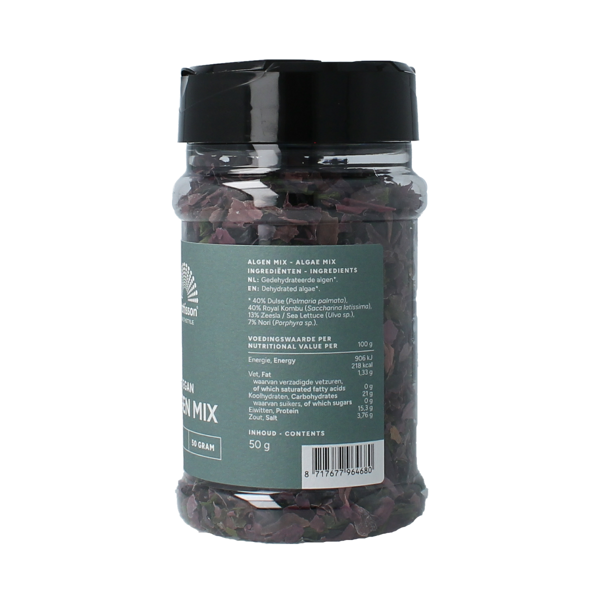 Mattisson Absolute algen mix 50g with potatoes, vegetables, and fruit, showing the product packaging and fresh produce.