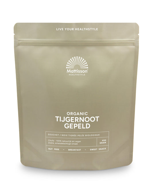 Bio Mattisson Tijgernoot chufa gepeld, 450g, shelled tiger nut snack, natural healthy snack in a resealable package.