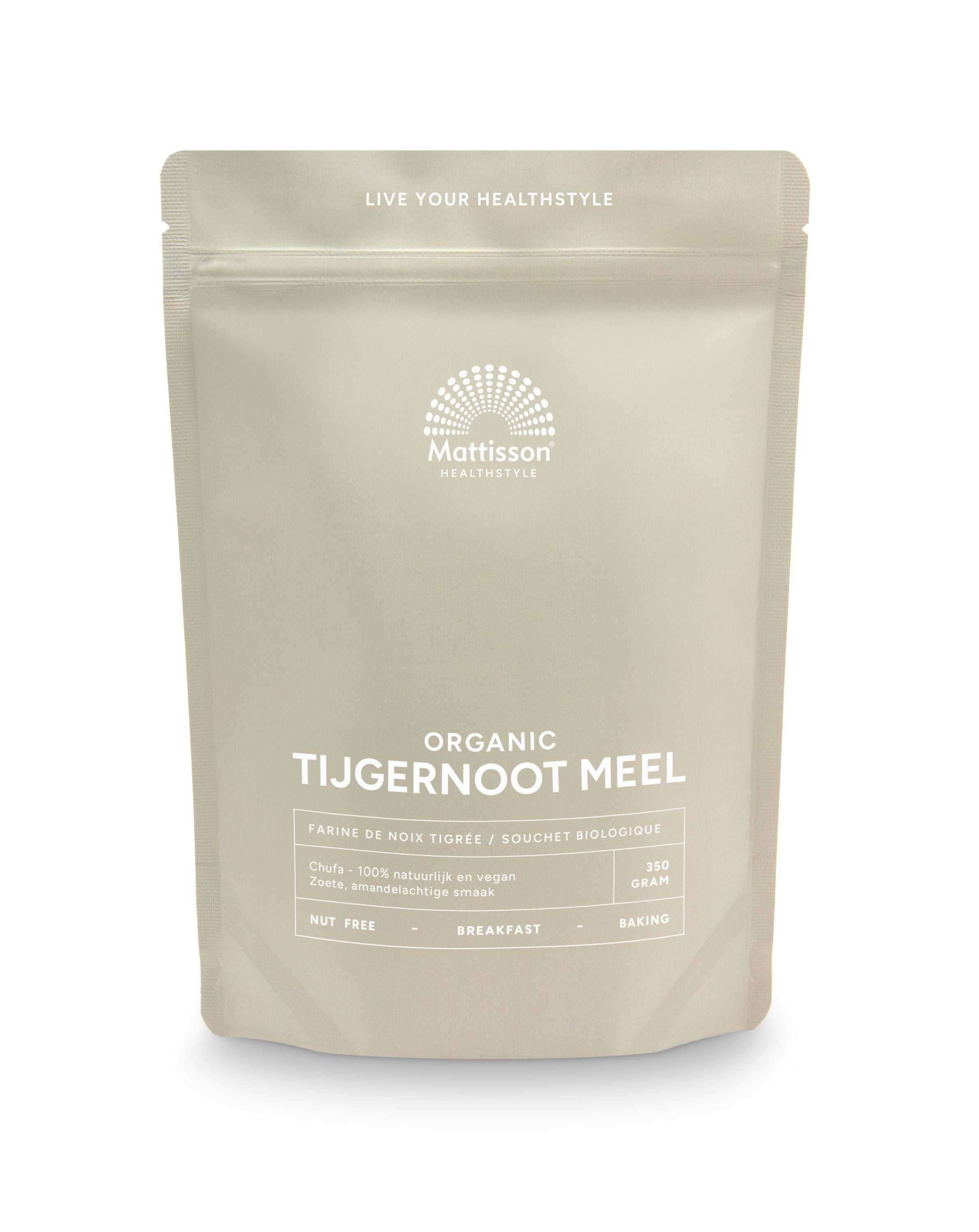 Organic Mattisson Tijgernoot chufa meel in a 350g package, displayed as a healthy snack or ingredient for baking.