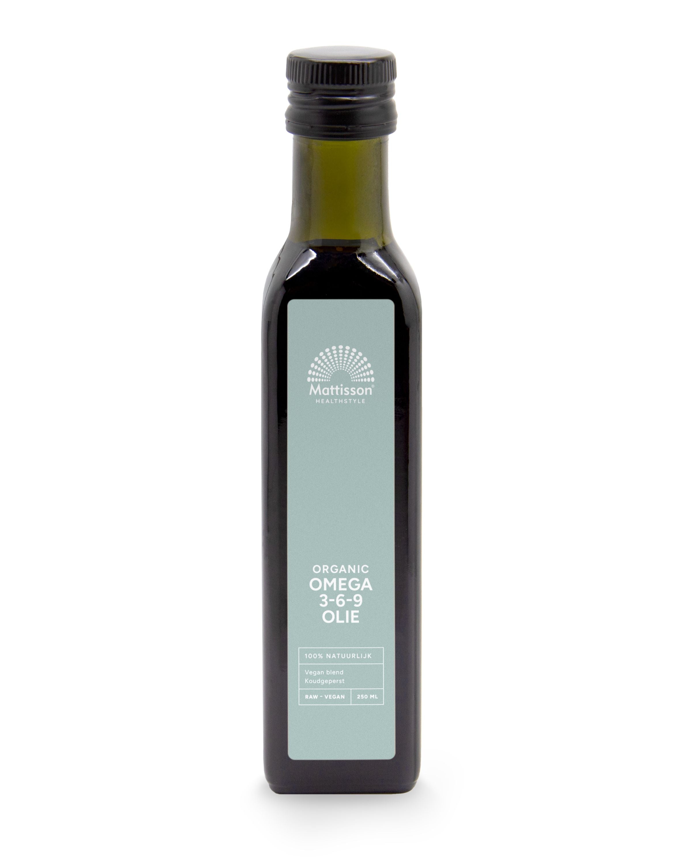Mattisson Omega 3-6-9 bio oil bottle showing the 250ml size and label with natural ingredients.