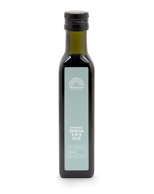 Mattisson Omega 3-6-9 bio oil bottle showing the 250ml size and label with natural ingredients.