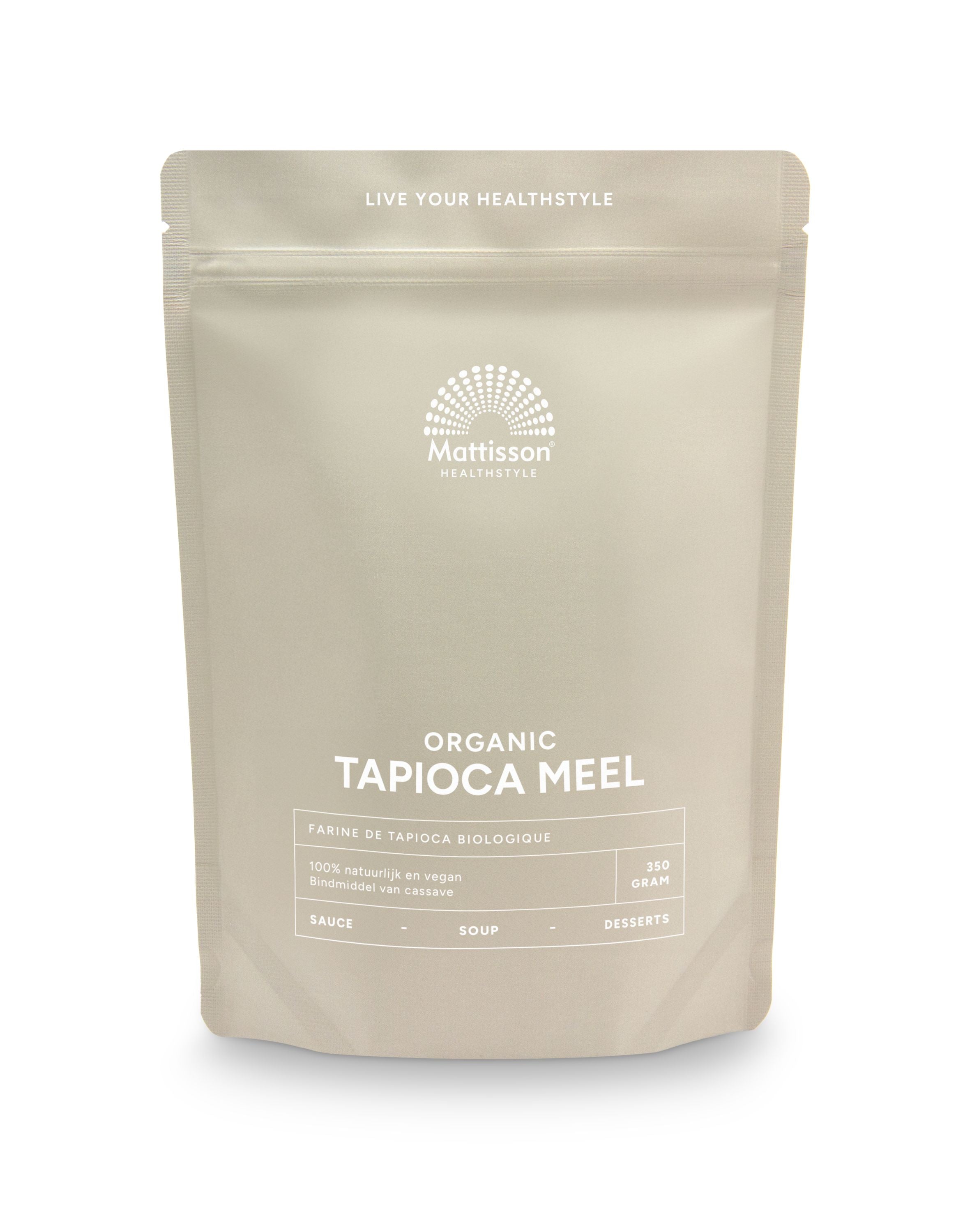 Organic Mattisson Tapioca Flour 350g in a clear bag, showing the fine white powder used for baking and cooking.