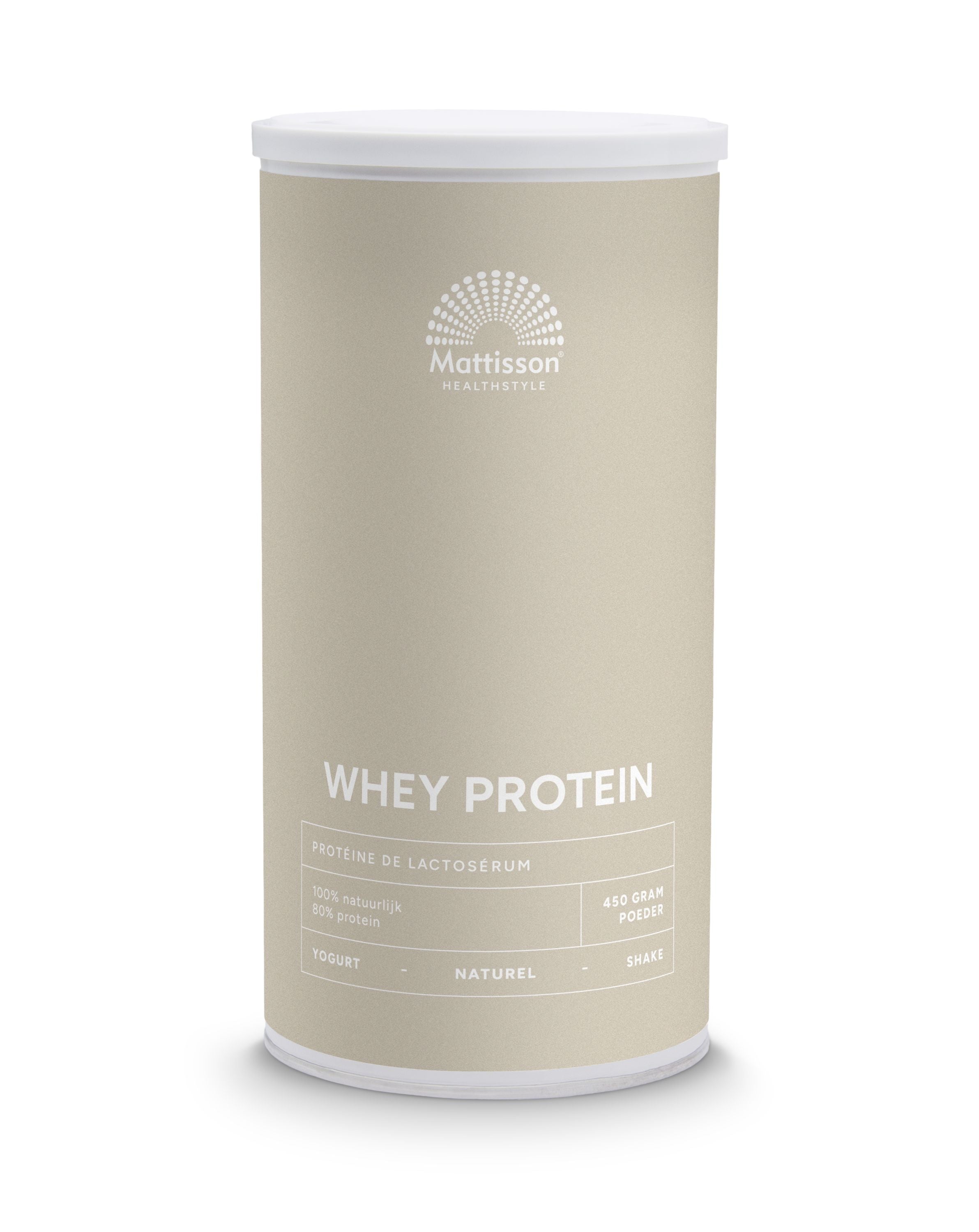 Mattisson Sport wei whey proteïne concentraat naturel 450g, sports nutrition supplement with a white powder in a container.
