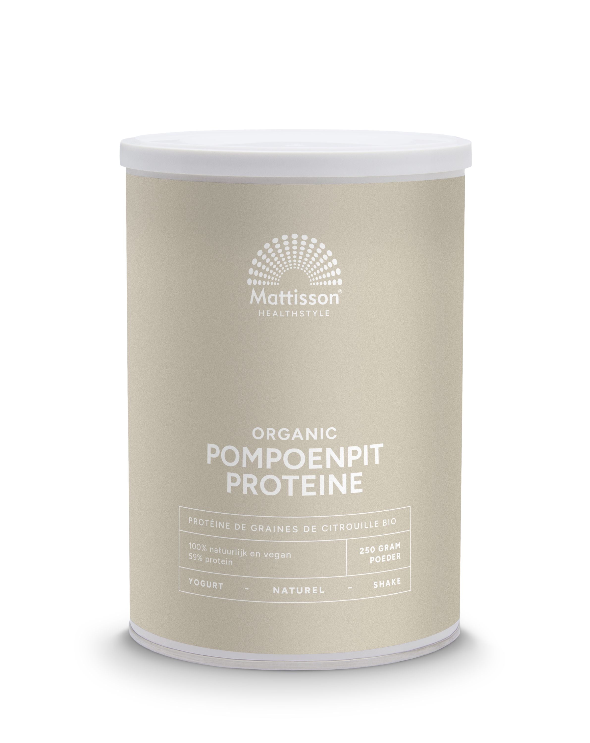 Natural organic pumpkin seed protein from Mattisson, 250 grams, in a resealable package for sport nutrition and healthy eating.