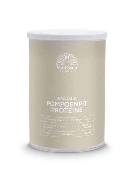 Natural organic pumpkin seed protein from Mattisson, 250 grams, in a resealable package for sport nutrition and healthy eating.