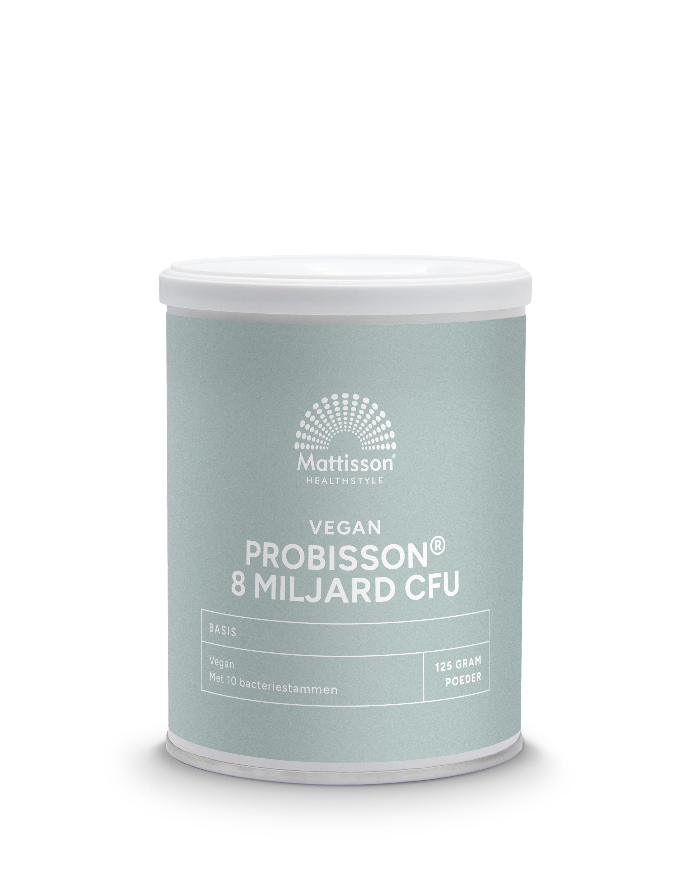 Mattisson Probisson powder with 8 billion CFU micro-organisms in a 125g package, shown in a close-up image.