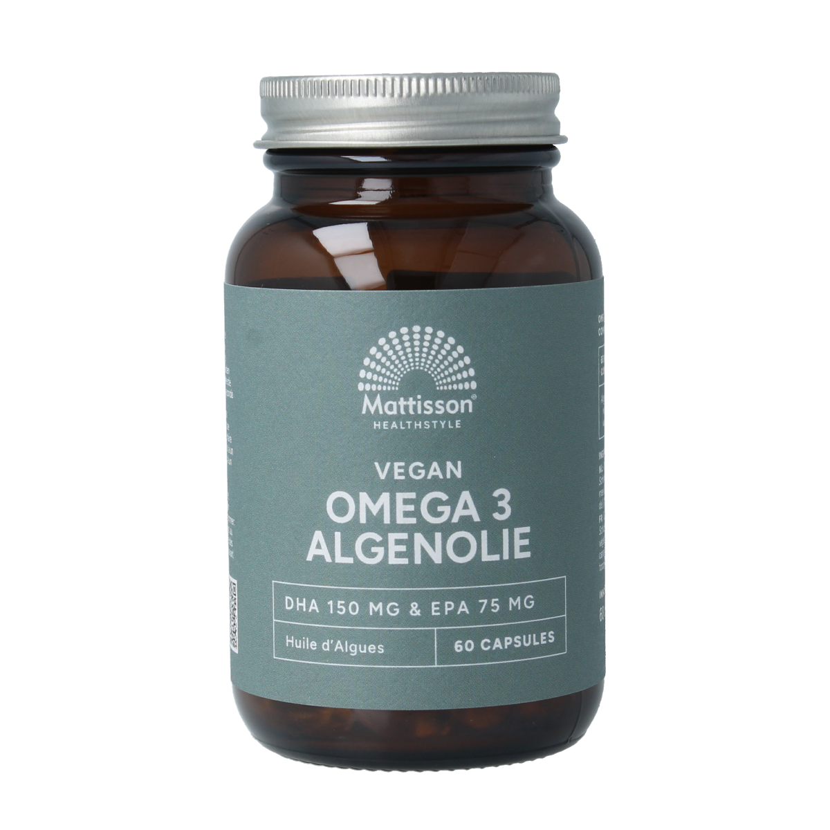 Mattisson Vegan Omega 3 algae oil capsules with DHA 150mg and EPA 75mg, vegetarian softgel capsules.