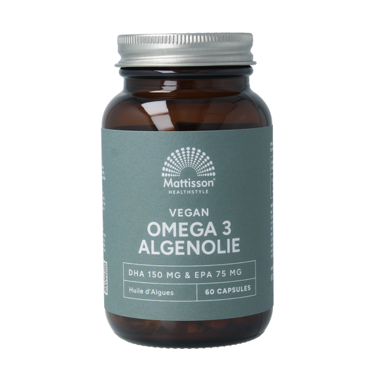 Mattisson Vegan Omega 3 algae oil capsules with DHA 150mg and EPA 75mg, vegetarian softgel capsules.