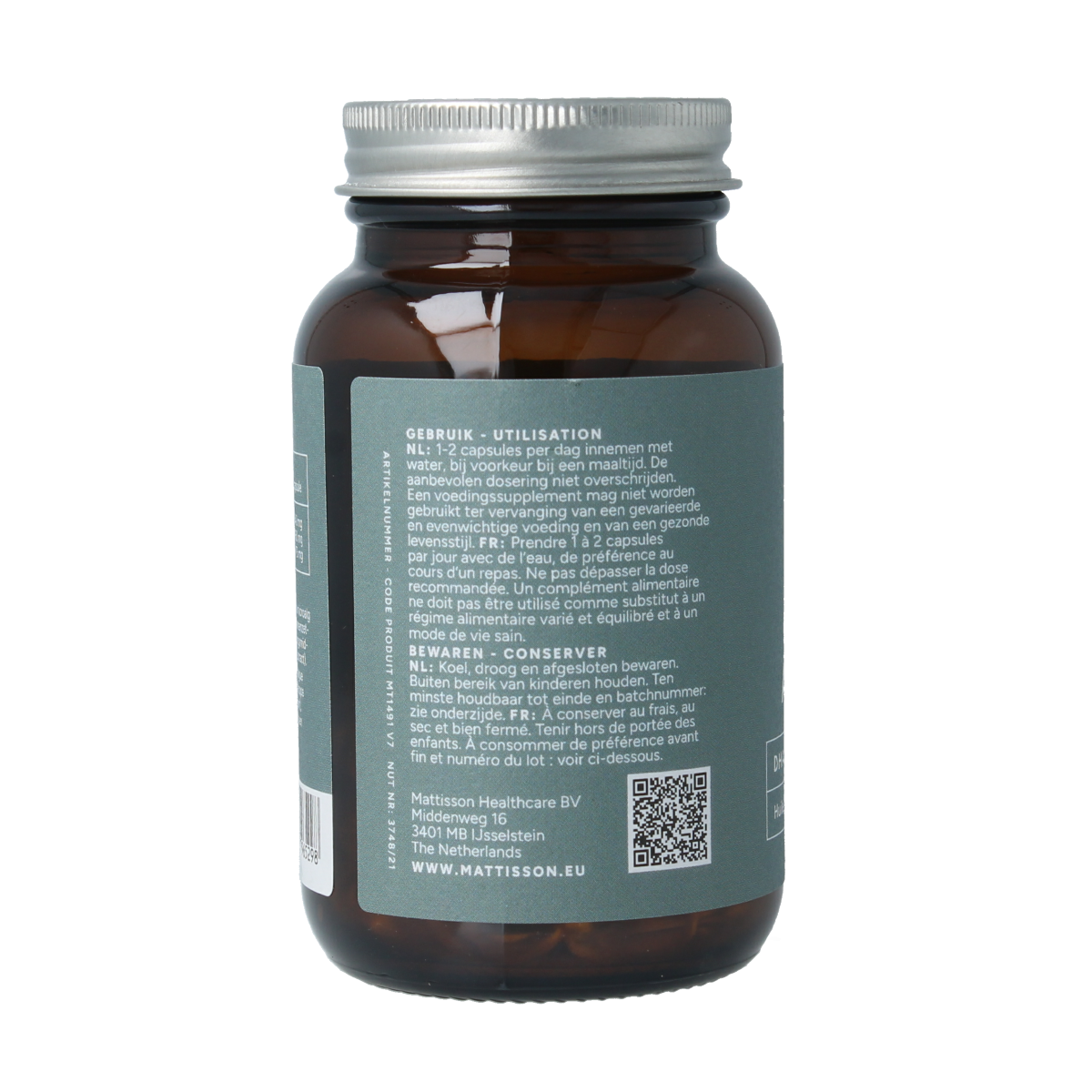Mattisson Vegan Omega 3 algae oil capsules with DHA 150mg and EPA 75mg, vegetarian dietary supplement in a clear bottle