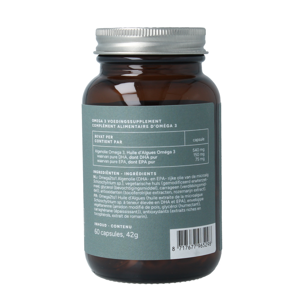 Vegan omega-3 algae oil capsules by Mattisson, containing DHA 150mg and EPA 75mg, vegetarian dietary supplement.