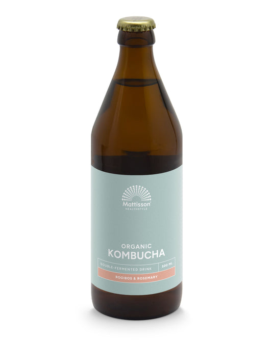 Mattisson Kombucha rooibos rosemary bio in 500ml bottle, refreshing fermented drink with herbs and natural ingredients.