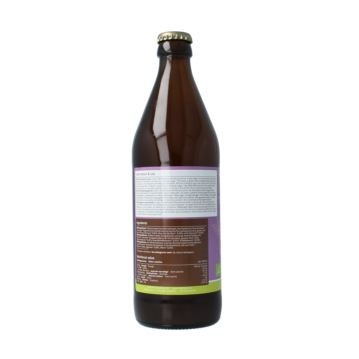 Mattisson Green Tea Blossom Kombucha bottle, organic fermented drink in a 500ml glass container with green tea and floral notes.