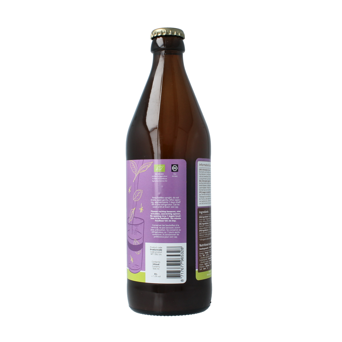 Bottle of Mattisson green tea blossom kombucha, organic probiotic drink in 500ml glass container with green tea and floral notes.