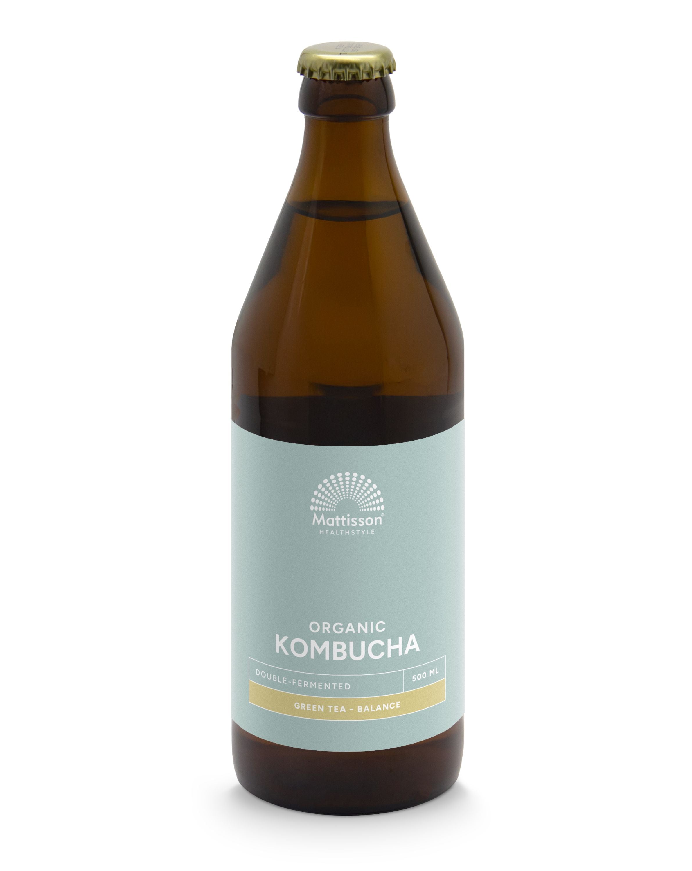 Mattisson Kombucha green tea balance bio in 500ml bottle, a fermented drink with green tea for a healthy lifestyle.