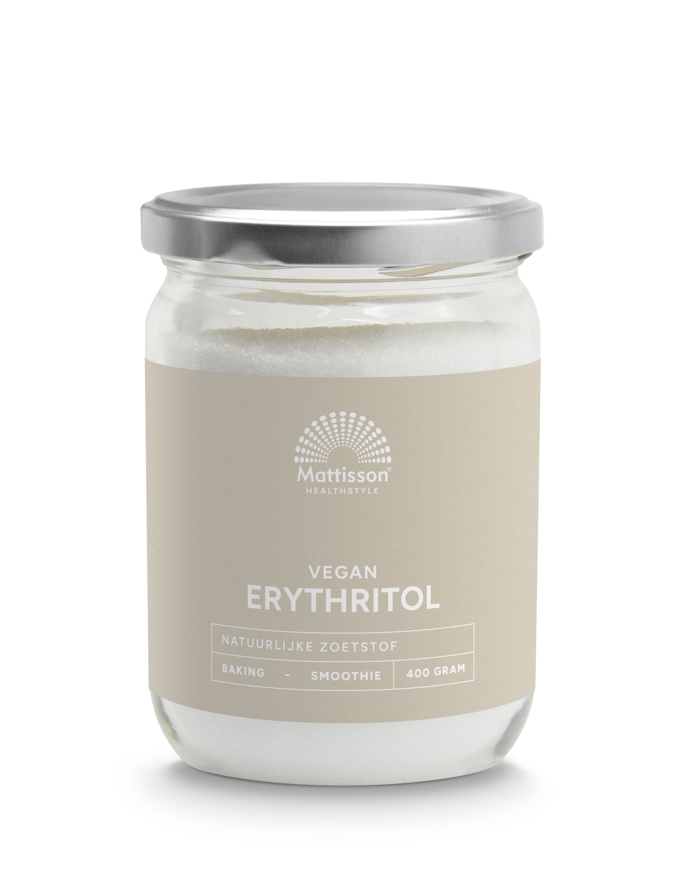 Container of Mattisson Erythritol sweetener, 400g, with label showing product name and brand, on a white background.