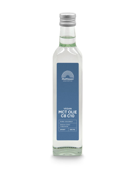 Mattisson MCT olie coconut blend bottle with 60% caprylic acid, 500ml, featuring a clear plastic container and label.