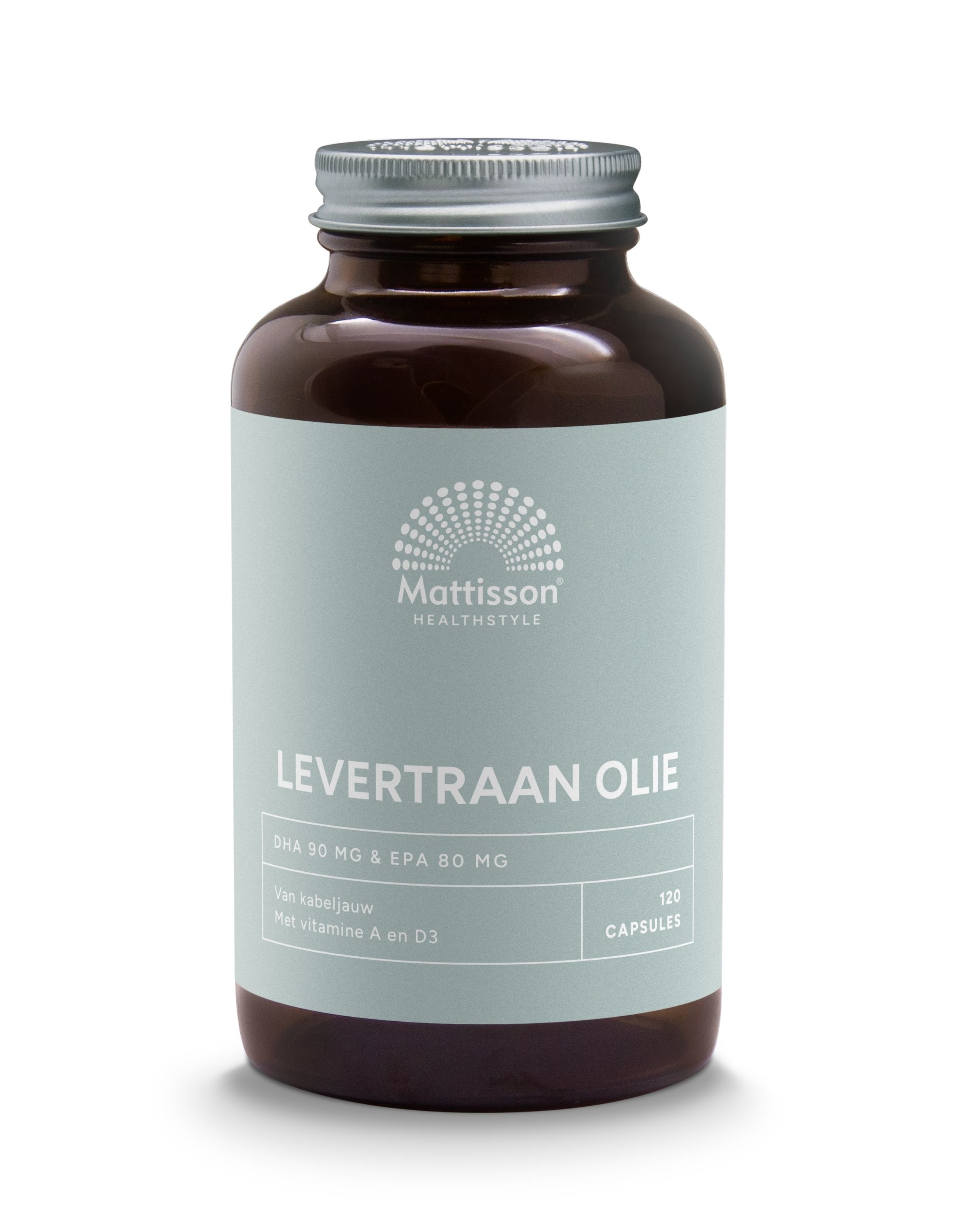 Mattisson levertraanolie capsules with vitamin A and D, 1000mg omega-3 fatty acids in a bottle of 120 capsules.